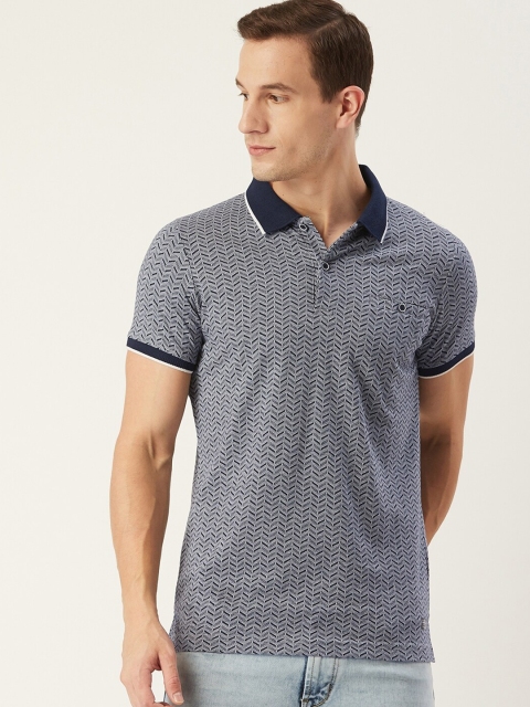 

CONFIDENCE Men Grey & White Printed Polo Collar Cotton T-shirt