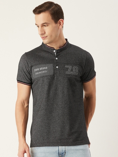 

CONFIDENCE Men Grey & Black Typography Printed Mandarin Collar Cotton T-shirt