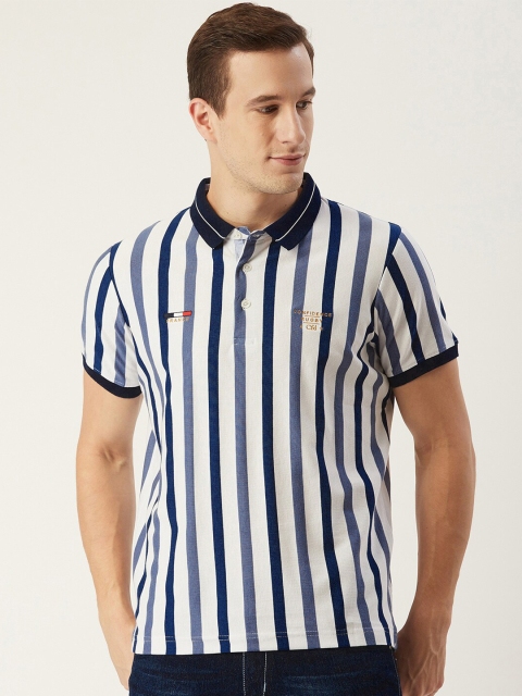 

CONFIDENCE Men Blue & Off White Striped Polo Collar Cotton T-shirt