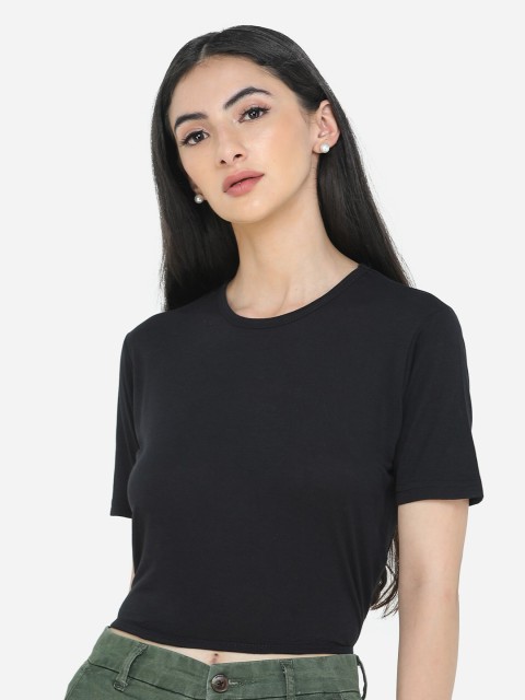 

DECHEN Women Black Solid Round Neck Regular Crop Top