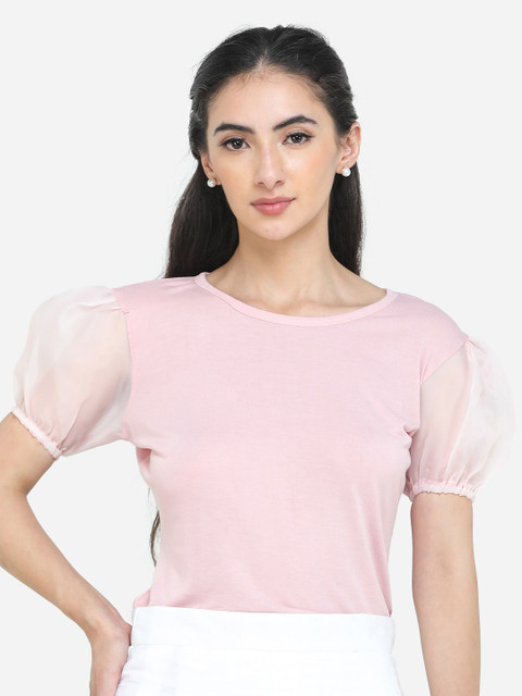 

DECHEN Pink-Coloured Solid Organza Puff Sleeve Regular Top
