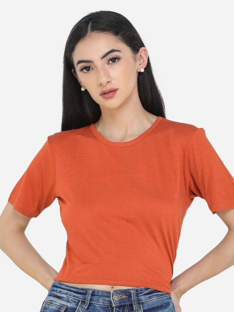 

DECHEN Women Orange Solid Round Neck Regular Crop Top