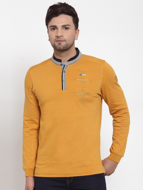 

CONFIDENCE Men Mustard Yellow & Grey Mandarin Solid Collar Cotton T-shirt