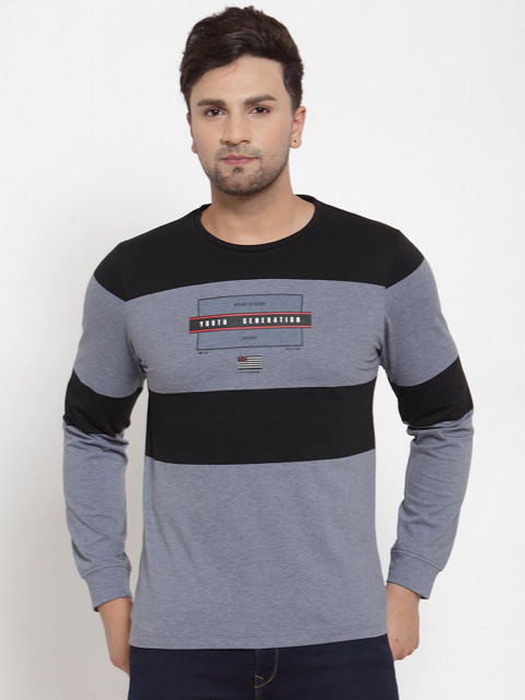 

CONFIDENCE Men Grey & Black Colourblocked Round Neck Cotton T-shirt
