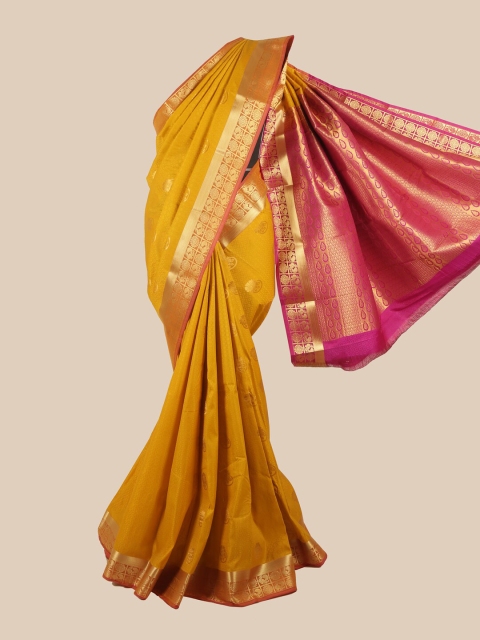 

Pothys Mustard Yellow & Pink Floral Zari Saree