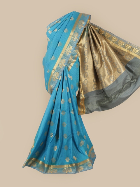 

Pothys Blue & Gold-Toned Floral Zari Saree