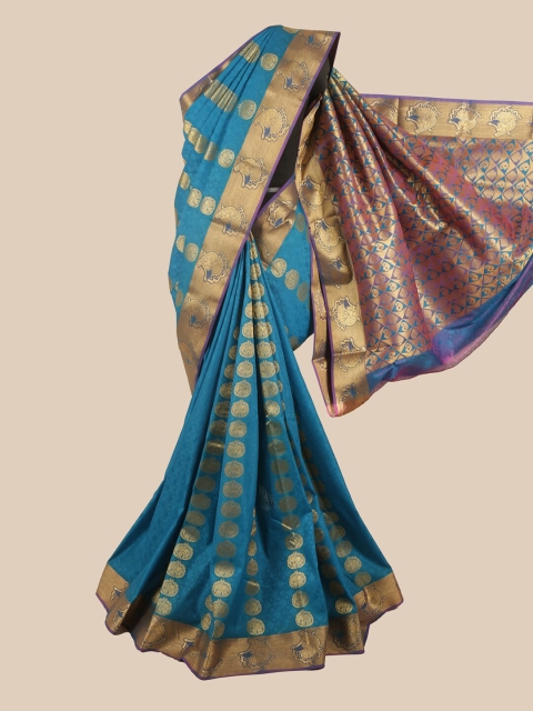 

Pothys Teal Blue & Gold-Toned Floral Zari Saree