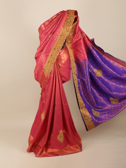 

Pothys Pink & Purple Floral Beads & Stones Art Silk Saree