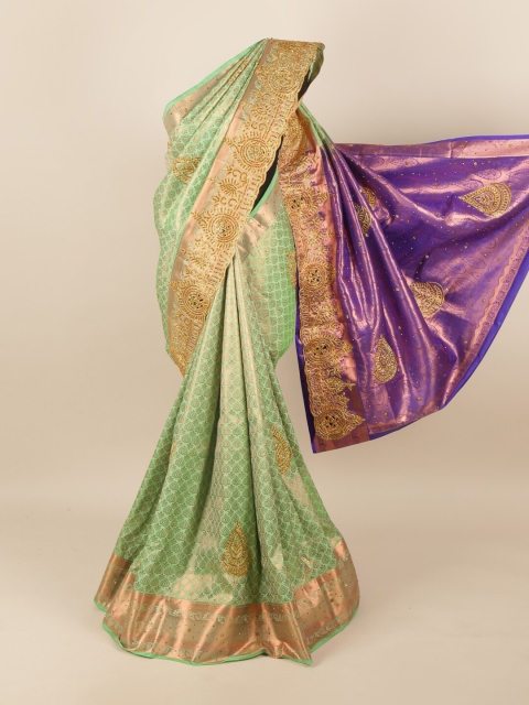 

Pothys Green & Gold-Toned Ethnic Motifs Beads & Stones Art Silk Saree