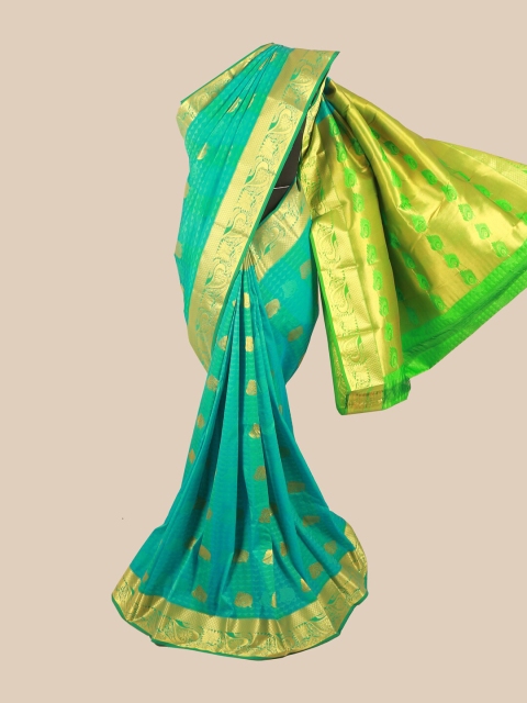

Pothys Turquoise Blue & Gold-Toned Floral Zari Saree