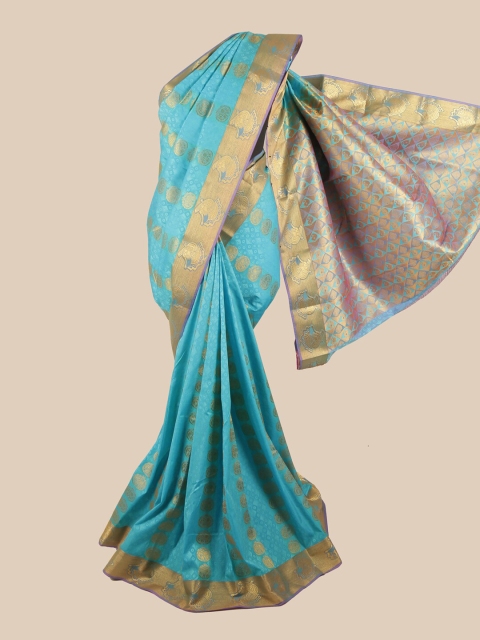 

Pothys Turquoise Blue & Gold-Toned Ethnic Motifs Zari Saree