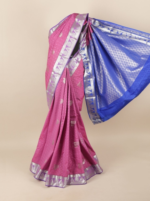 

Pothys Pink & Blue Silk Blend Ethnic Motifs Woven Designed Saree