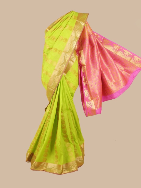 

Pothys Green & Pink Silk Blend Ethnic Motifs Woven Designed Saree