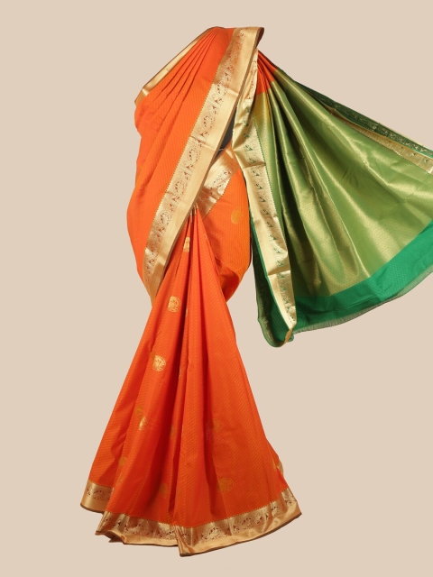 

Pothys Orange & Green Silk Blend Ethnic Motifs Woven Designed Saree