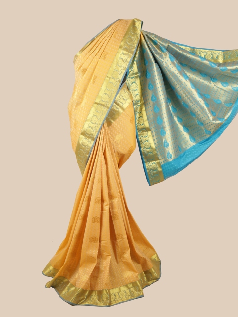 

Pothys Gold-Toned & Blue Silk Blend Ethnic Motifs Woven Designed Saree