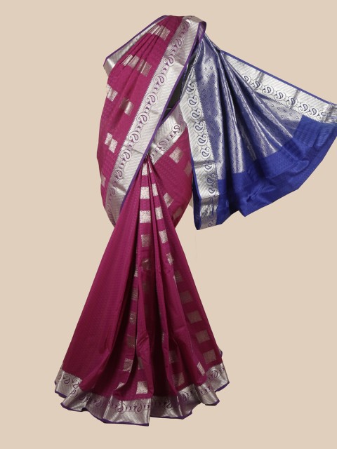 

Pothys Burgundy & Blue Silk Blend Ethnic Motifs Woven Designed Saree