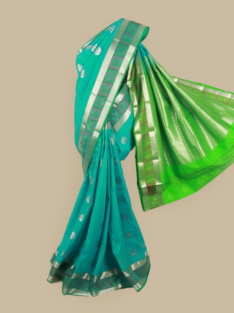 

Pothys Blue & Green Silk Blend Ethnic Motifs Woven Designed Saree