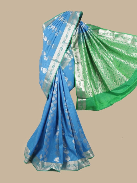 

Pothys Blue & Green Silk Blend Ethnic Motifs Woven Designed Saree