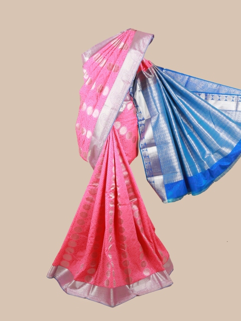 

Pothys Pink & Blue Silk Blend Ethnic Motifs Woven Designed Saree