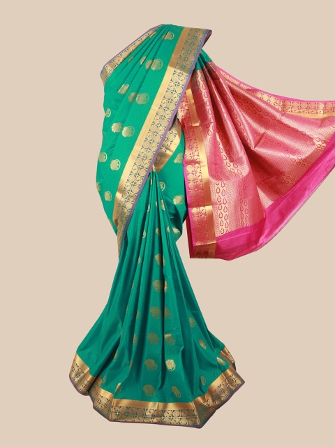 

Pothys Green & Pink Silk Blend Ethnic Motifs Woven Designed Saree