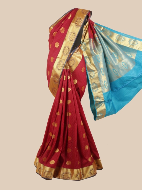 

Pothys Maroon & Blue Silk Blend Ethnic Motifs Woven Designed Saree
