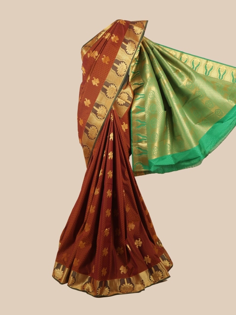 

Pothys Rust & Green Silk Blend Ethnic Motifs Woven Designed Saree