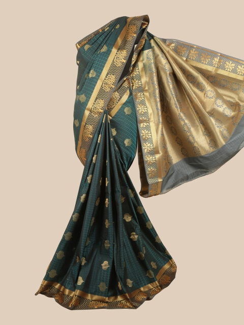 

Pothys Blue & Gold-Toned Silk Blend Ethnic Motifs Woven Designed Saree