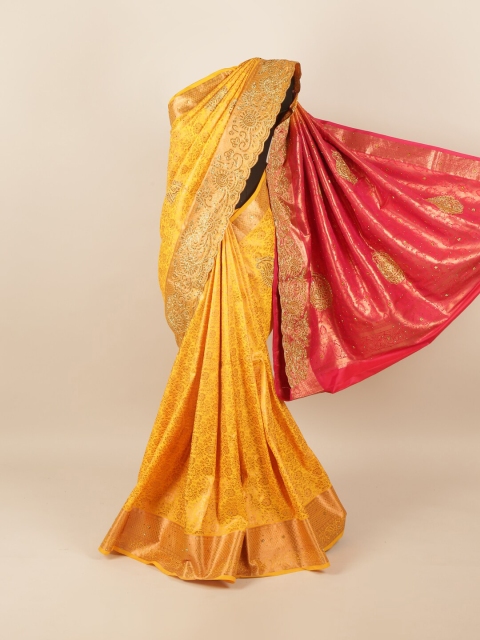 

Pothys Yellow & Red Silk Blend Floral Woven Designed & Embellished Saree