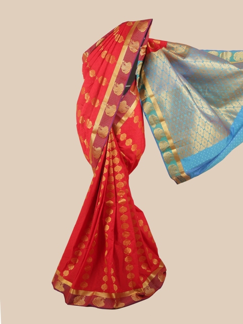 

Pothys Red & Blue Silk Blend Ethnic Motifs Woven Designed Saree, Brown