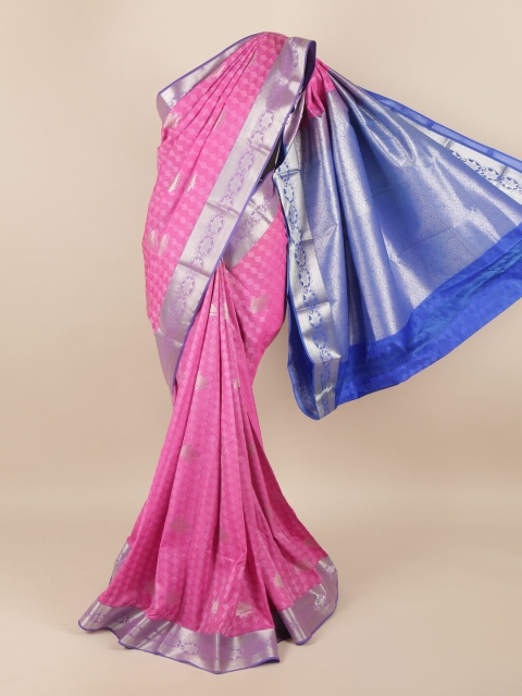 

Pothys Pink & Blue Silk Blend Ethnic Motifs Woven Designed Saree