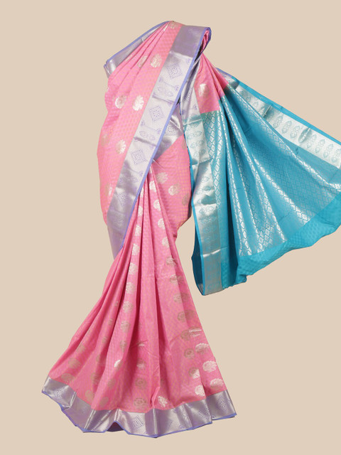 

Pothys Pink & Blue Silk Blend Ethnic Motifs Woven Designed Saree