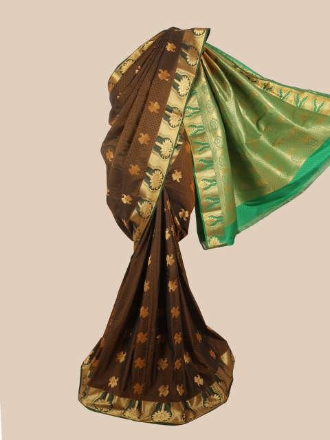 

Pothys Brown & Green Silk Blend Ethnic Motifs Woven Designed Saree