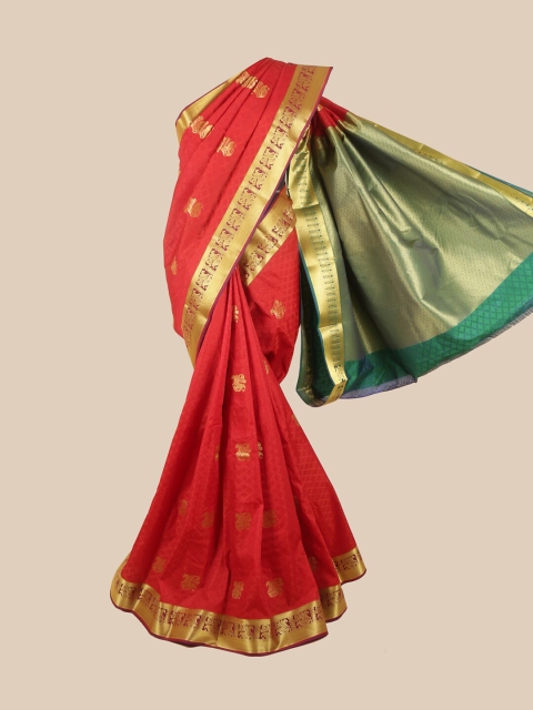 

Pothys Red & Green Silk Blend Ethnic Motifs Woven Designed Saree