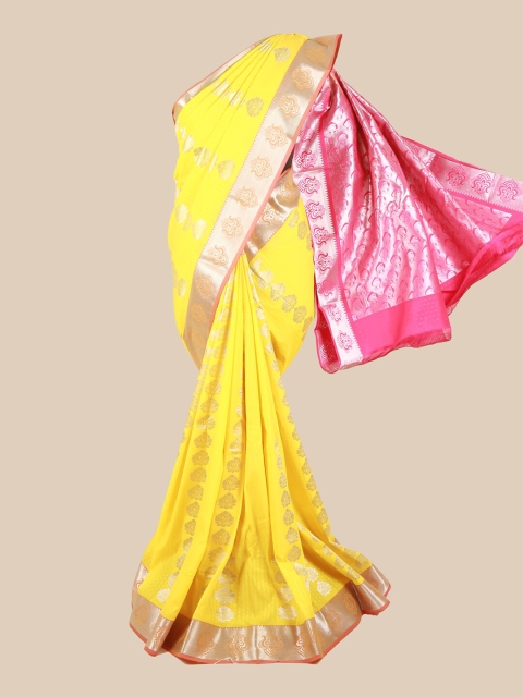 

Pothys Yellow & Pink Silk Blend Ethnic Motifs Woven Designed Saree