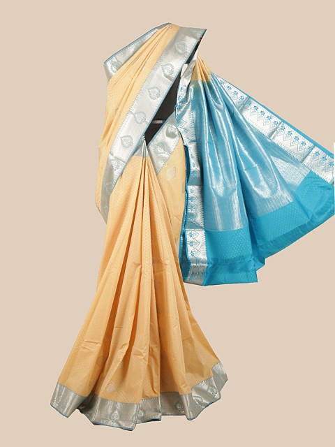 

Pothys Cream-Coloured & Blue Silk Blend Ethnic Motifs Woven Designed Saree