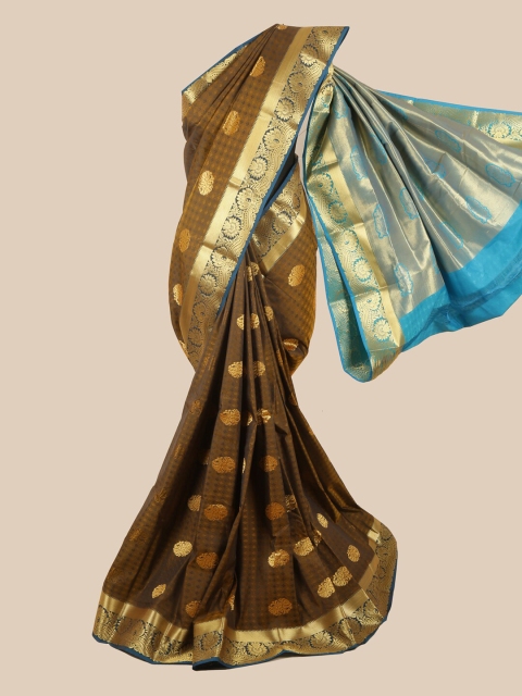 

Pothys Olive Green & Blue Silk Blend Ethnic Motifs Woven Designed Saree
