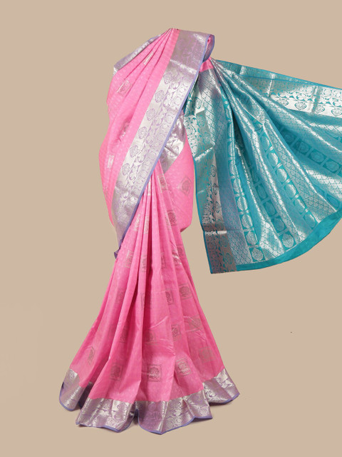 

Pothys Pink & Blue Silk Blend Ethnic Motifs Woven Designed Saree