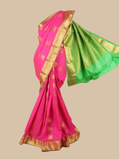 

Pothys Pink & Green Silk Blend Ethnic Motifs Woven Designed Saree