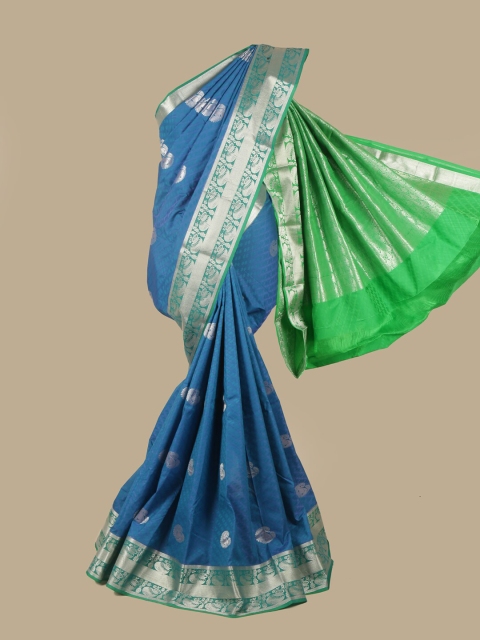 

Pothys Blue & Green Silk Blend Ethnic Motifs Woven Designed Saree