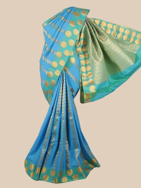 

Pothys Blue & Green Silk Blend Ethnic Motifs Woven Designed Saree