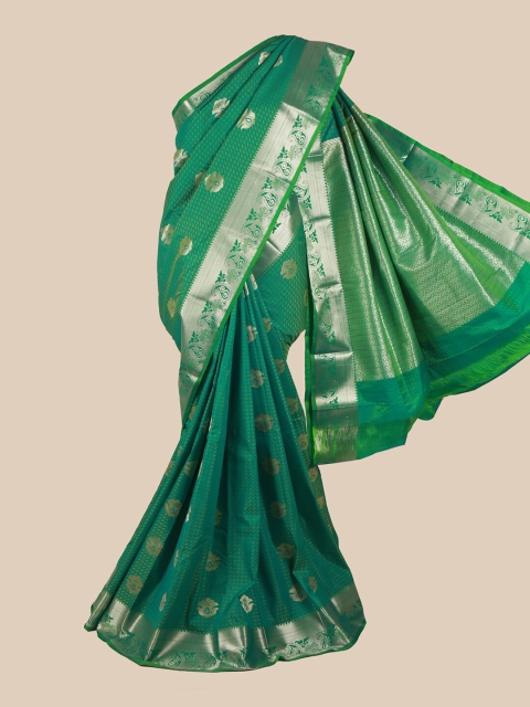 

Pothys Green & Silver-Toned Silk Blend Ethnic Motifs Woven Designed Saree