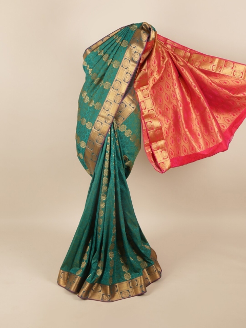 

Pothys Green & Red Silk Blend Ethnic Motifs Woven Designed Saree