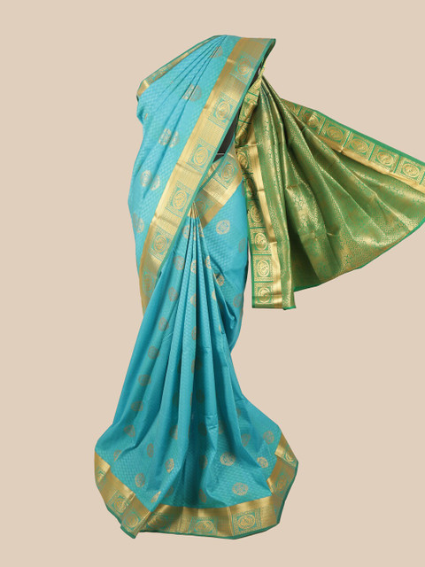 

Pothys Blue & Green Silk Blend Ethnic Motifs Woven Designed Saree