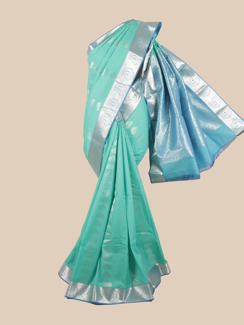 

Pothys Blue & Silver-Toned Silk Blend Ethnic Motifs Woven Designed Saree