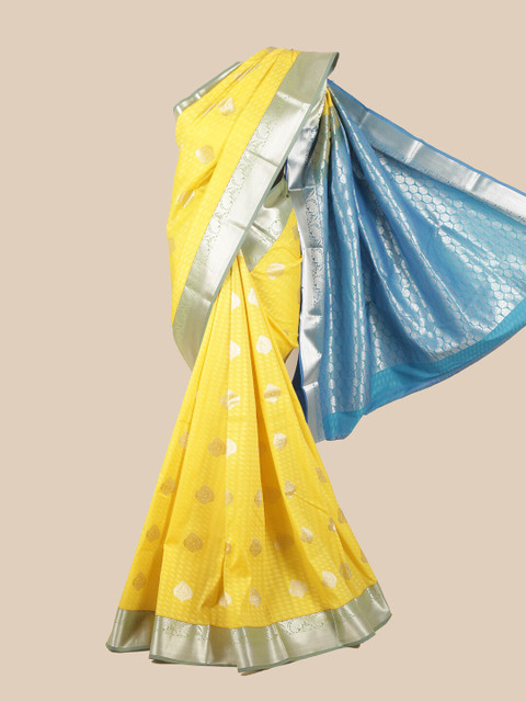 

Pothys Yellow & Blue Silk Blend Ethnic Motifs Woven Designed Saree