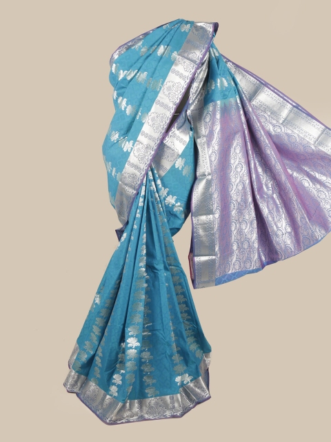 

Pothys Blue & Silver-Toned Silk Blend Ethnic Motifs Woven Designed Saree