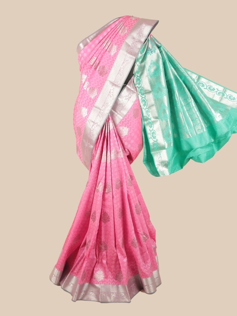 

Pothys Pink & Green Silk Blend Ethnic Motifs Woven Designed Saree