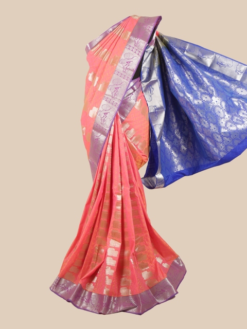 

Pothys Pink & Blue Silk Blend Ethnic Motifs Woven Designed Saree