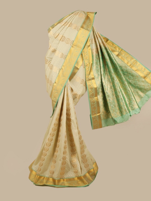 

Pothys Cream-Coloured & Green Silk Blend Ethnic Motifs Woven Designed Saree