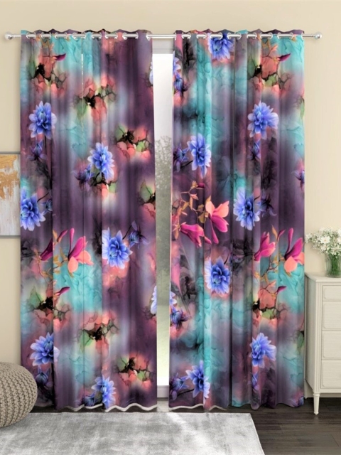 

URBAN SPACE Lavender & Blue Set of 2 Floral Printed Door Curtain